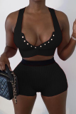 Sexy Solid Buckle V Neck Sleeveless Two Pieces