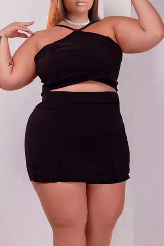 Sexy Solid Fold Halter Plus Size Two Pieces