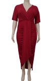 Sexy Solid Patchwork Asymmetrical V Neck Straight Plus Size Dresses