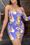 Fashion Sexy Print Hollowed Out Backless One Shoulder Long Sleeve Dresses