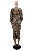 Fashion Sexy Print Leopard Hollowed Out Turtleneck Long Sleeve Two Pieces
