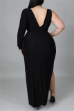 Fashion Casual Solid Hollowed Out Slit V Neck Long Sleeve Plus Size Dresses