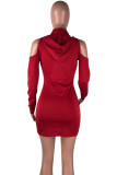 Fashion Casual Letter Print Hollowed Out Hooded Collar Long Sleeve Dresses