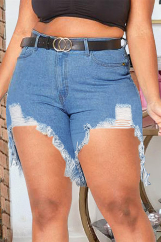 Fashion Casual Solid Ripped Patchwork High Waist Regular Denim Shorts (Without Belt)