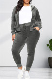 Fashion Casual Solid Cardigan Pants Hooded Collar Plus Size Two Pieces
