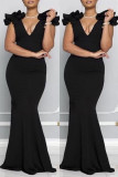 Fashion Sexy Plus Size Solid Patchwork V Neck Evening Dress