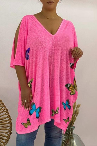 Fashion Casual Print Hollowed Out V Neck Plus Size Tops