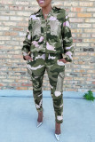 Fashion Casual Camouflage Print Patchwork Turndown Collar Long Sleeve Two Pieces