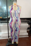 Fashion Sexy Plus Size Print Backless Halter Sleeveless Dress