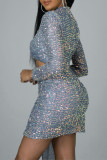 Fashion Sexy Patchwork Hollowed Out Sequins Half A Turtleneck Long Sleeve Dresses