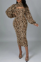 Fashion Sexy Print Leopard Hollowed Out Turtleneck Long Sleeve Two Pieces