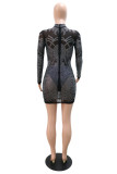 Fashion Sexy Patchwork Hot Drilling See-through Half A Turtleneck Long Sleeve Dresses