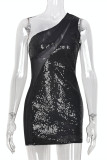 Fashion Sexy Patchwork Sequins See-through One Shoulder Sleeveless Dress
