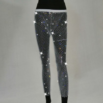 Sexy Print Patchwork See-through Rhinestone Regular Mid Waist Pencil Solid Color Bottoms