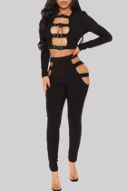 Fashion Sexy Solid Hollowed Out O Neck Long Sleeve Two Pieces
