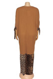 Casual Print Leopard Bandage Patchwork O Neck Straight Plus Size Dresses