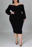 Fashion Casual Solid Patchwork Off the Shoulder Long Sleeve Plus Size Dresses