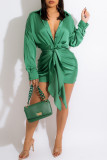 Fashion Sexy Solid With Belt Turndown Collar Long Sleeve Dresses
