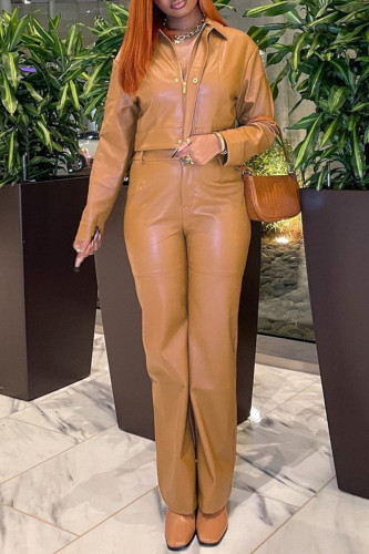 Fashion Casual Solid Basic Turndown Collar Long Sleeve Two Pieces