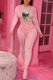 Fashion Casual Skull Head Print Basic O Neck Long Sleeve Two Pieces