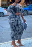 Fashion Sexy Print Hollowed Out Backless Oblique Collar Long Sleeve Plus Size Dresses