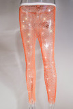 Sexy Print Patchwork See-through Rhinestone Regular Mid Waist Pencil Solid Color Bottoms