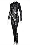 Fashion Sexy Print Bandage Hollowed Out See-through Turtleneck Skinny Jumpsuits
