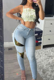 Fashion Casual Butterfly Print Patchwork High Waist Skinny Denim Jeans