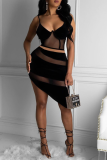 Sexy Solid See-through Mesh Spaghetti Strap Sleeveless Two Pieces