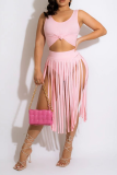 Sexy Solid Tassel U Neck Sleeveless Two Pieces