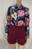Casual Print Patchwork Buckle Turndown Collar Long Sleeve Two Pieces