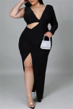 Fashion Casual Solid Hollowed Out Slit V Neck Long Sleeve Plus Size Dresses