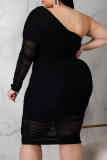 Sexy Solid Patchwork Fold Asymmetrical Oblique Collar One Step Skirt Plus Size Dresses