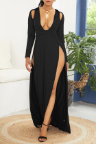 Sexy Solid Hollowed Out Patchwork Slit V Neck Straight Dresses