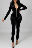 Fashion Casual Solid Patchwork Zipper Collar Skinny Jumpsuits
