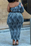 Fashion Sexy Print Hollowed Out Backless Oblique Collar Long Sleeve Plus Size Dresses
