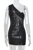 Fashion Sexy Patchwork Sequins See-through One Shoulder Sleeveless Dress