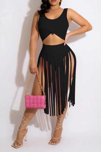 Sexy Solid Tassel U Neck Sleeveless Two Pieces