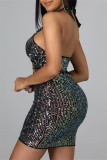 Sexy Patchwork Hollowed Out Sequins Backless Halter Sleeveless Dress