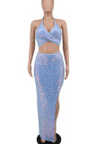 Sexy Solid Bandage Sequins Patchwork Slit Halter Sleeveless Two Pieces