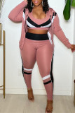 Fashion Casual Patchwork Cardigan Vests Pants Hooded Collar Long Sleeve Three-piece Set