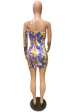 Fashion Sexy Print Hollowed Out Backless One Shoulder Long Sleeve Dresses