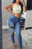 Fashion Casual Butterfly Print Patchwork High Waist Skinny Denim Jeans
