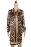 Fashion Casual Print Leopard Patchwork Turndown Collar Shirt Dress