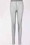 Sexy Hollowed Out Patchwork See-through Rhinestone Regular Mid Waist Pencil Patchwork Bottoms