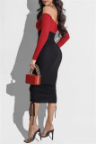 Fashion Sexy Solid Patchwork Frenulum Off the Shoulder Long Sleeve Dresses