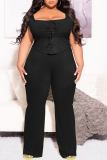 Sexy Solid Draw String Square Collar Plus Size Two Pieces