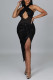 Sexy Solid Hollowed Out Patchwork Asymmetrical Sequins Halter One Step Skirt Dresses
