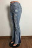Fashion Casual Patchwork Ripped Mid Waist Regular Denim Jeans