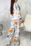 Casual Print Bandage Patchwork Buckle Turndown Collar Straight Jumpsuits